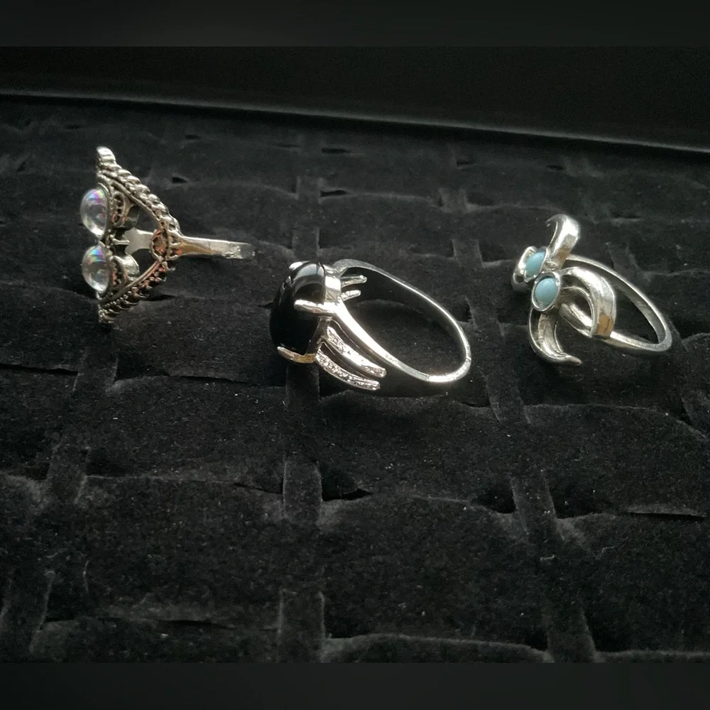 New x3 Silver Tone Rings Crystal Black Stone Trendy Fashion Ring Set  Size 7 / 8
